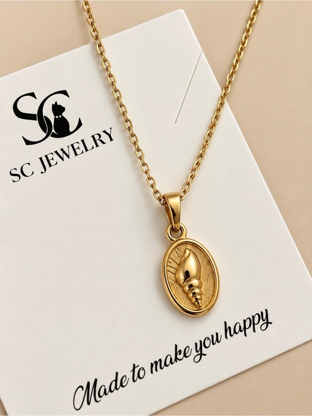 Stainless Steel Gold Seashell Pendant Necklace Dainty Coastal Beach Ocean Coin